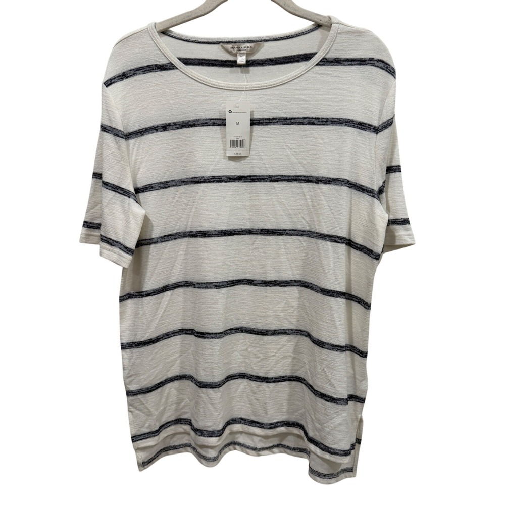 Banana Republic Luxespun Striped Short Sleeve Tee White Navy Blue M 471369-02